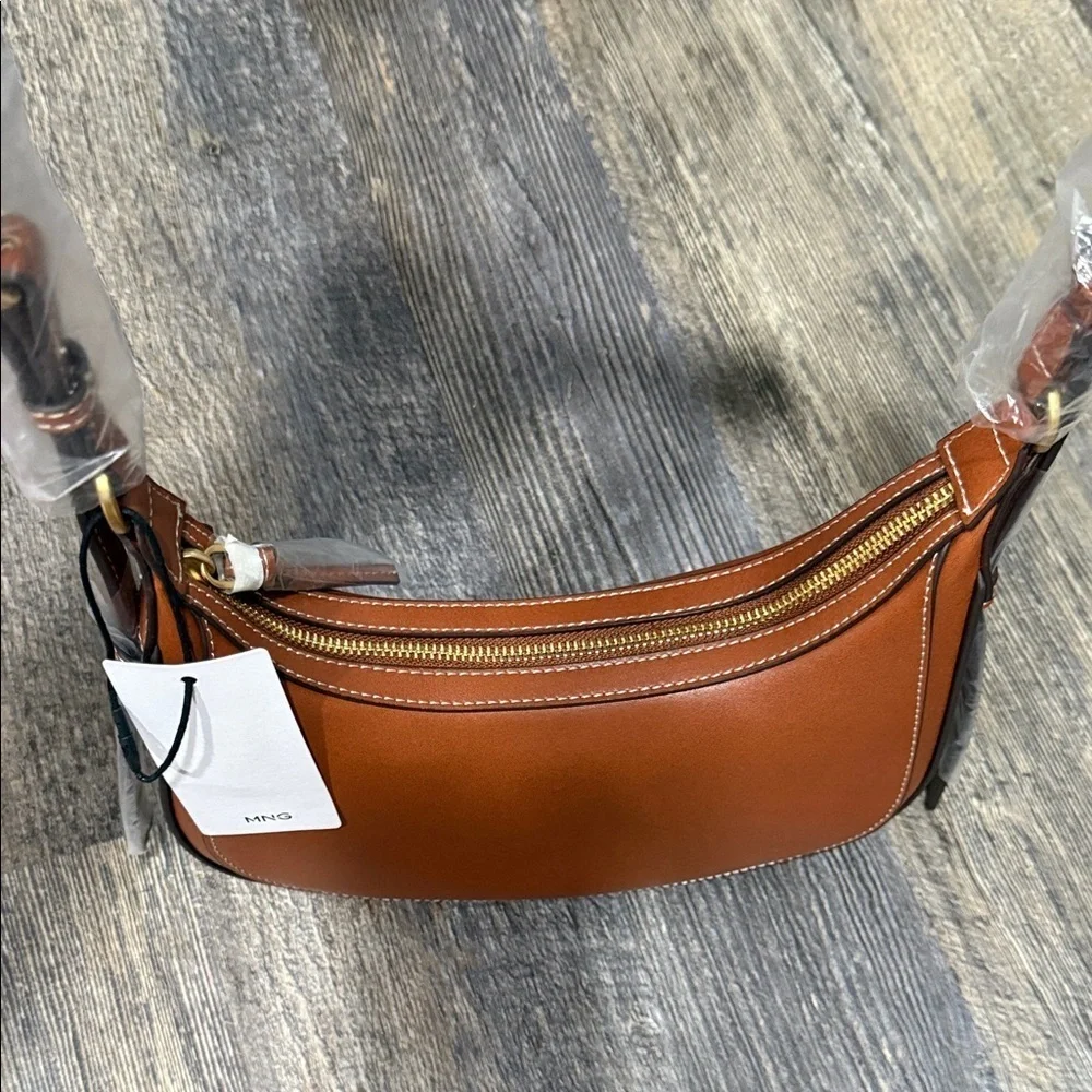 Mango Tan Leather Shoulder Bag